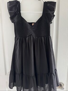 Black Ruffled Sleeve Smocked Bodice Mini Dress